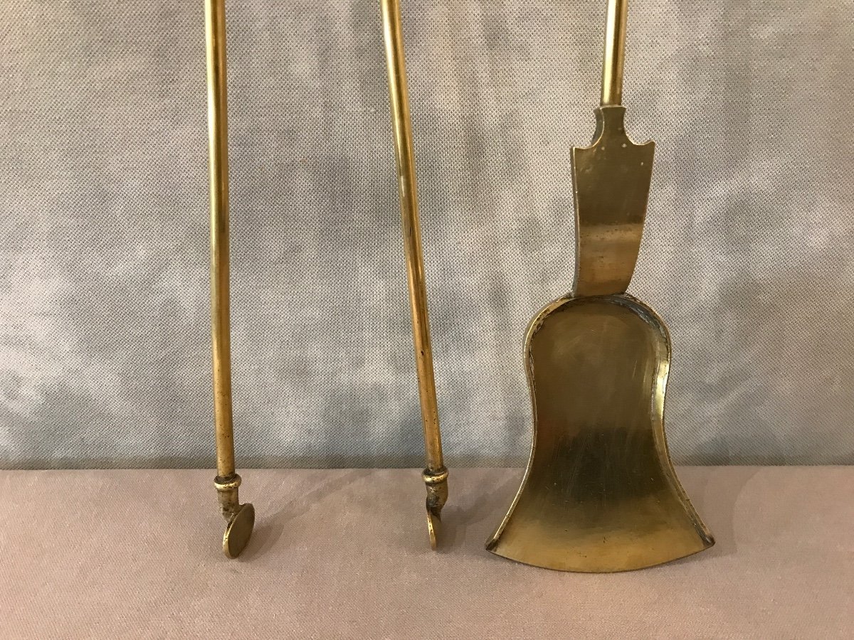 19th Century Brass Shovel And Tongs Set -photo-3