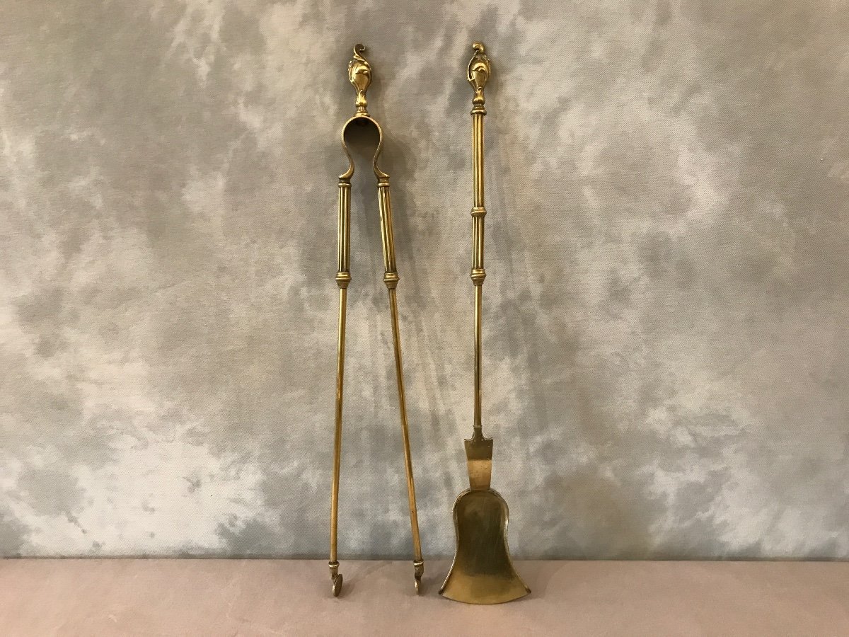 19th Century Brass Shovel And Tongs Set 