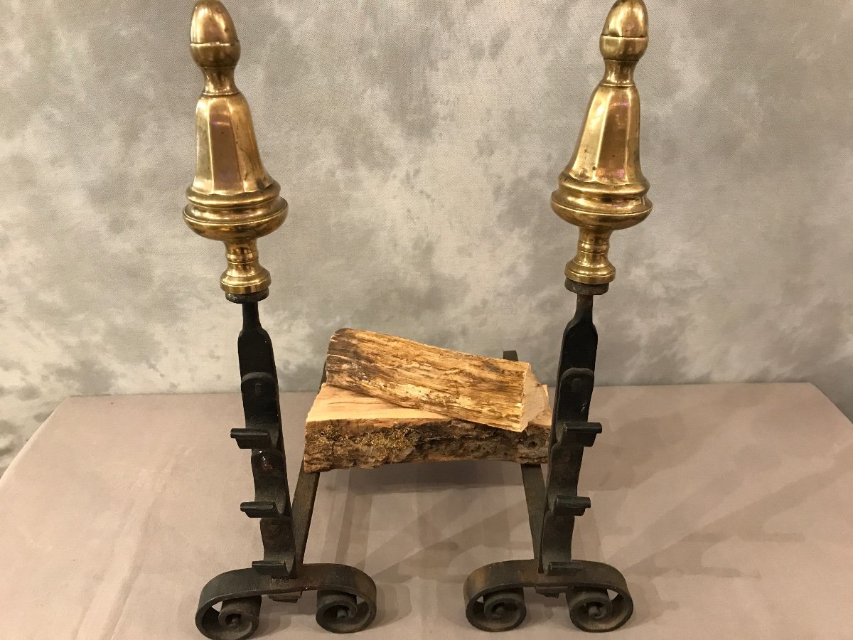 Pair Of 18th Century Iron And Brass Andirons -photo-3