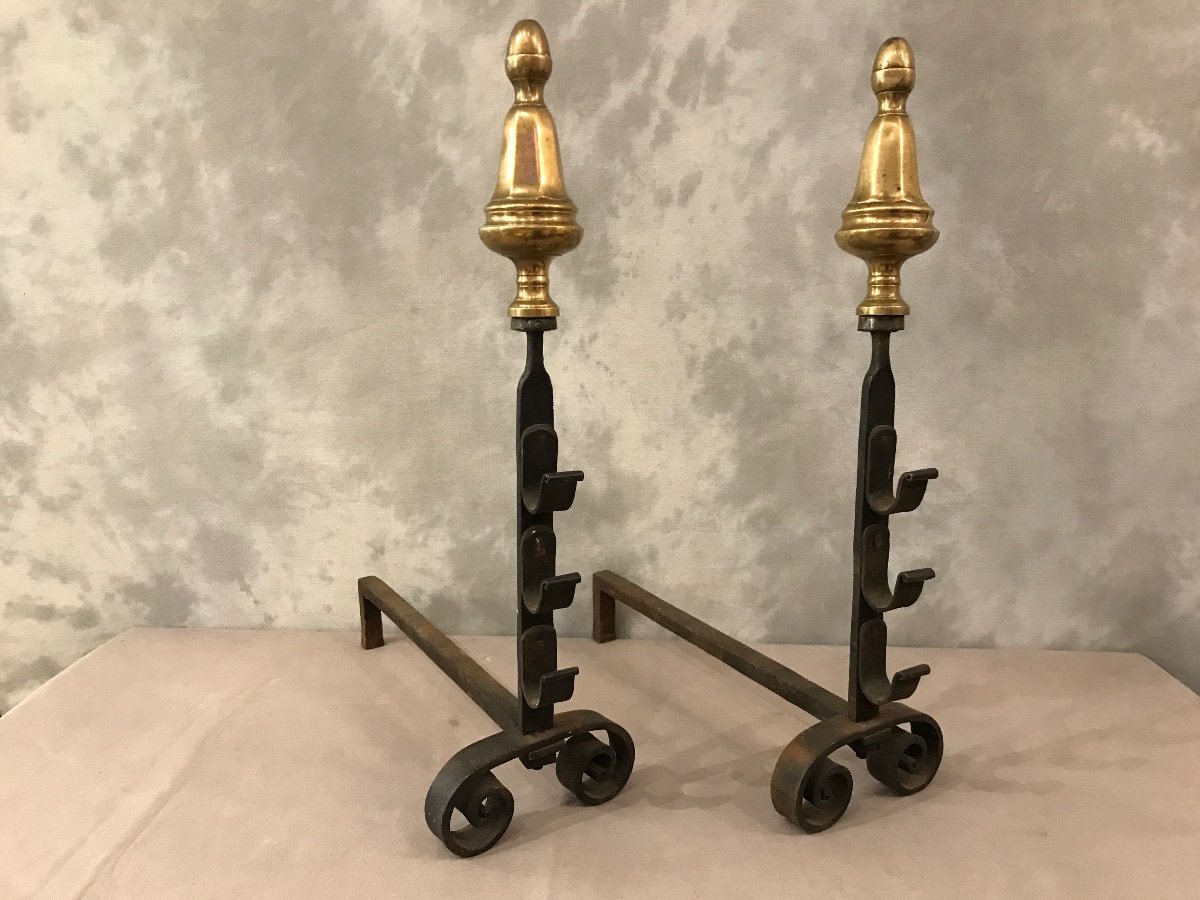 Pair Of 18th Century Iron And Brass Andirons -photo-3