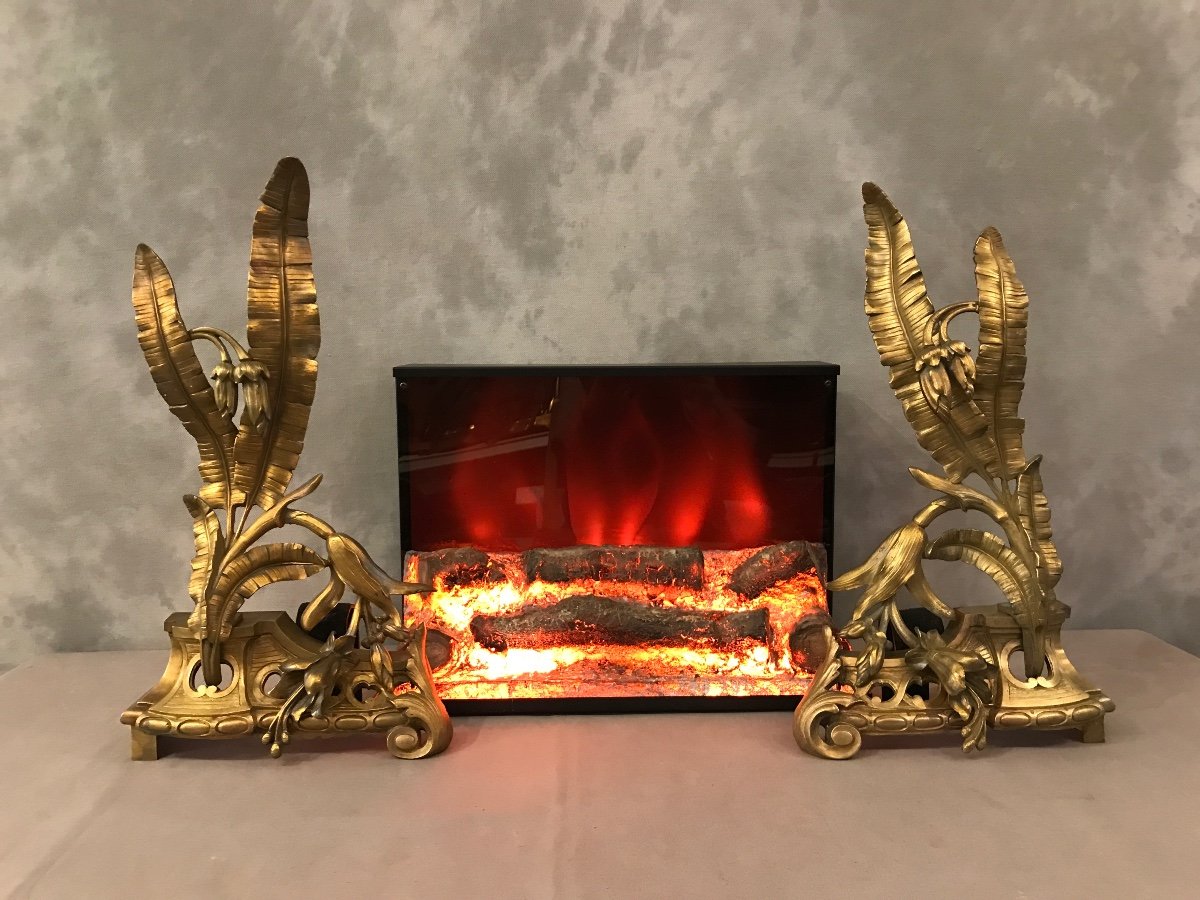 19th Century Bronze Fireplace Front Decor Andirons 