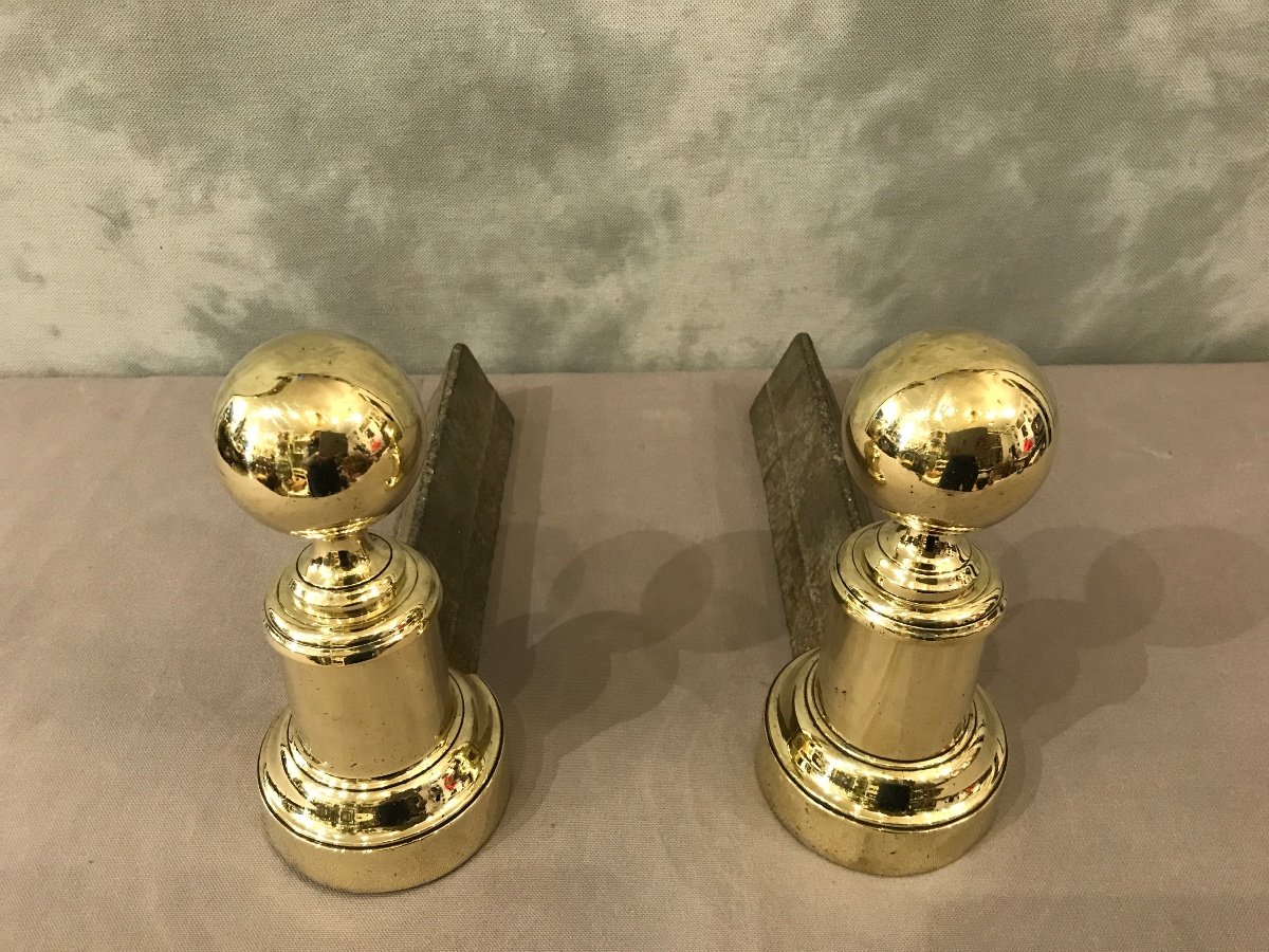 Pair Of Small Antique Andirons In Brass And Cast Iron From The 19th Century -photo-2