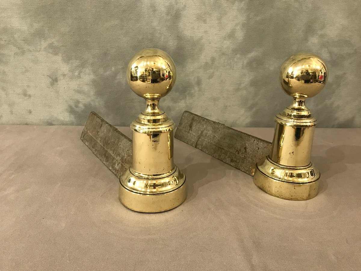 Pair Of Small Antique Andirons In Brass And Cast Iron From The 19th Century -photo-3