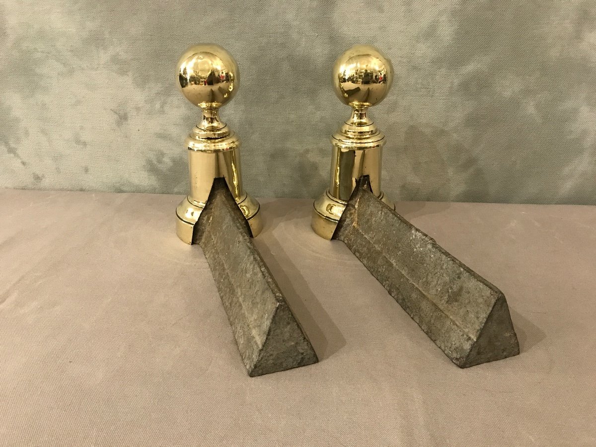 Pair Of Small Antique Andirons In Brass And Cast Iron From The 19th Century -photo-1