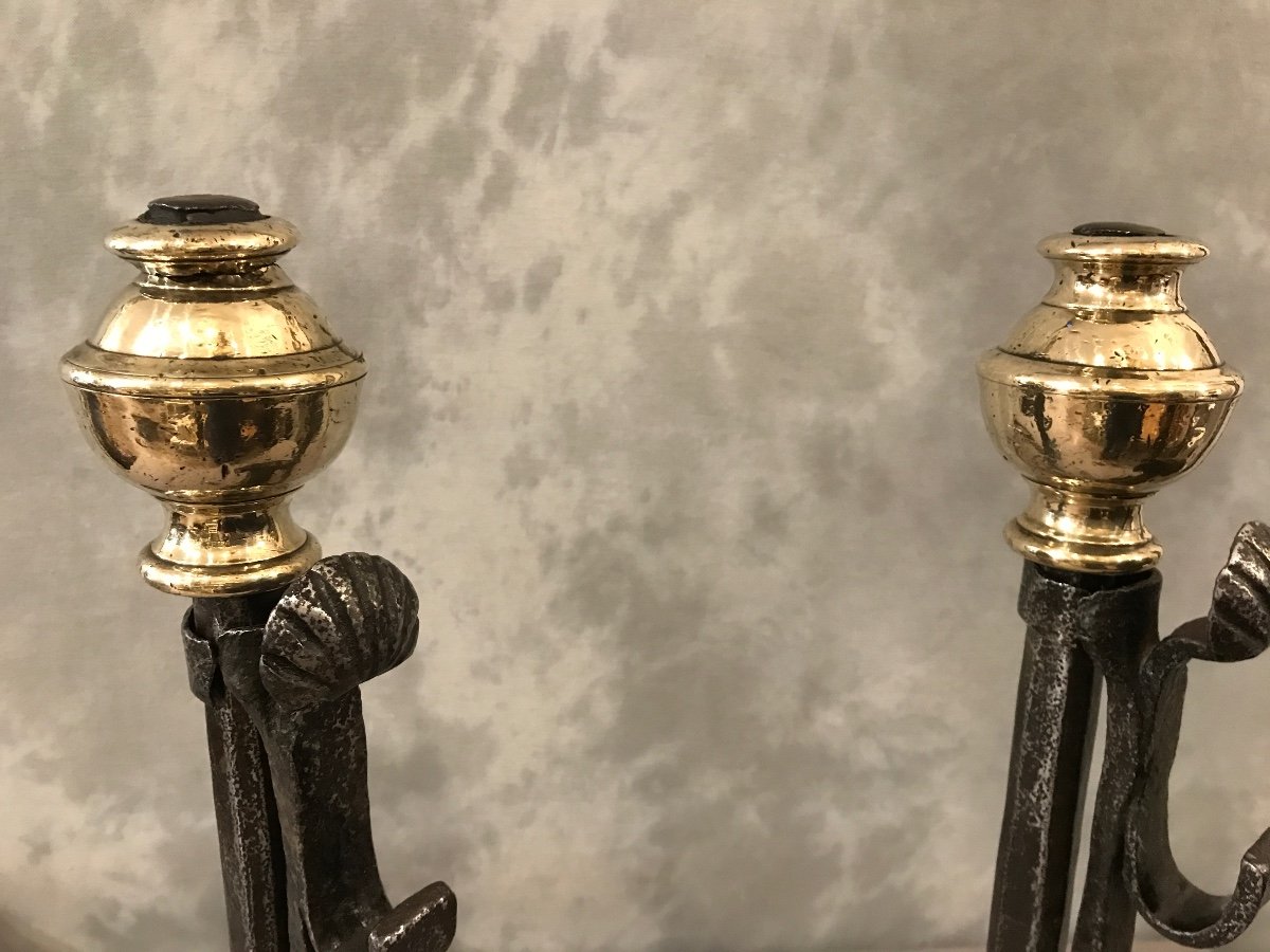 Pair Of Antique Wrought Iron And Brass Andirons From The 17th Century -photo-1