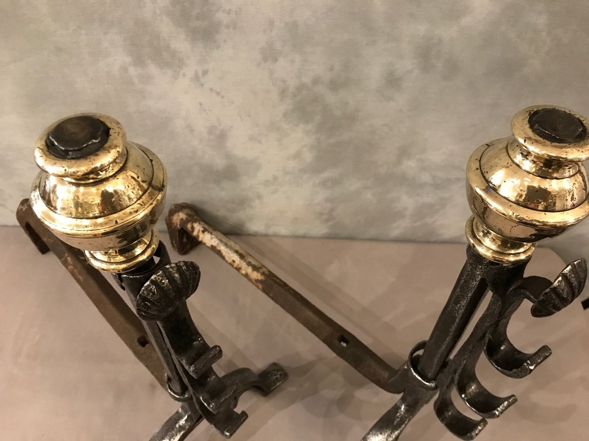 Pair Of Antique Wrought Iron And Brass Andirons From The 17th Century -photo-2