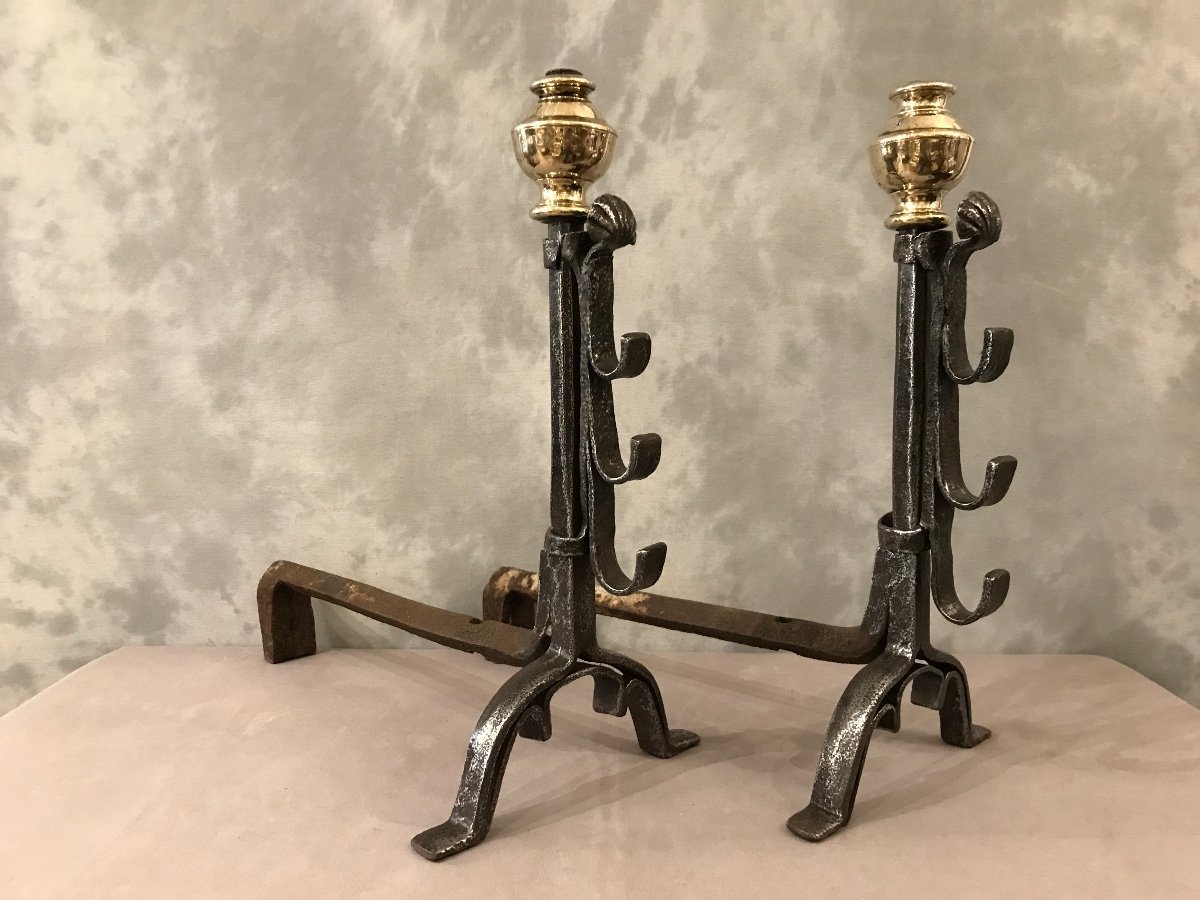 Pair Of Antique Wrought Iron And Brass Andirons From The 17th Century -photo-3