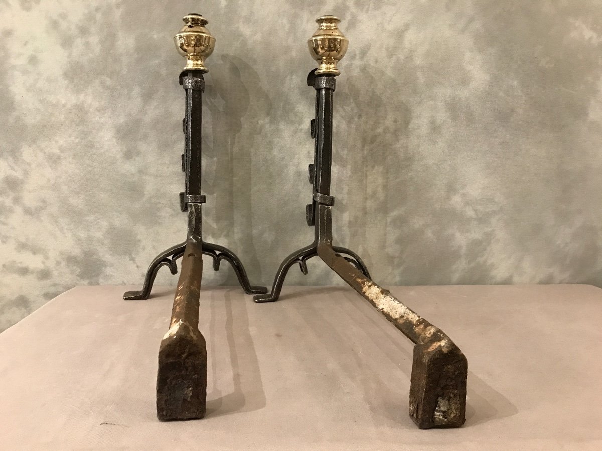 Pair Of Antique Wrought Iron And Brass Andirons From The 17th Century -photo-5