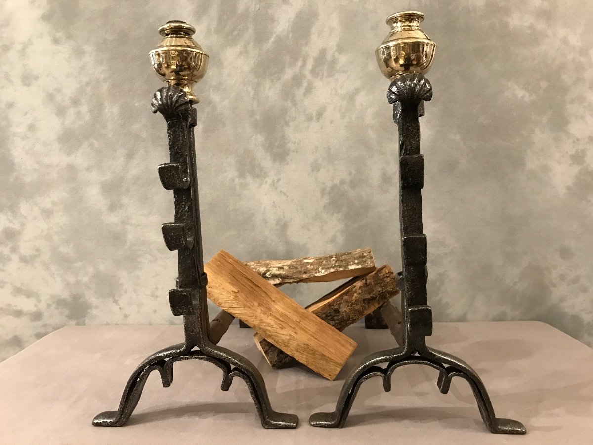 Pair Of Antique Wrought Iron And Brass Andirons From The 17th Century 