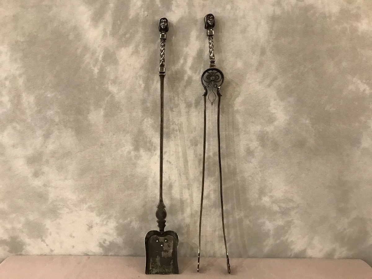 19th Century Twisted Iron Shovel And Tongs Set 