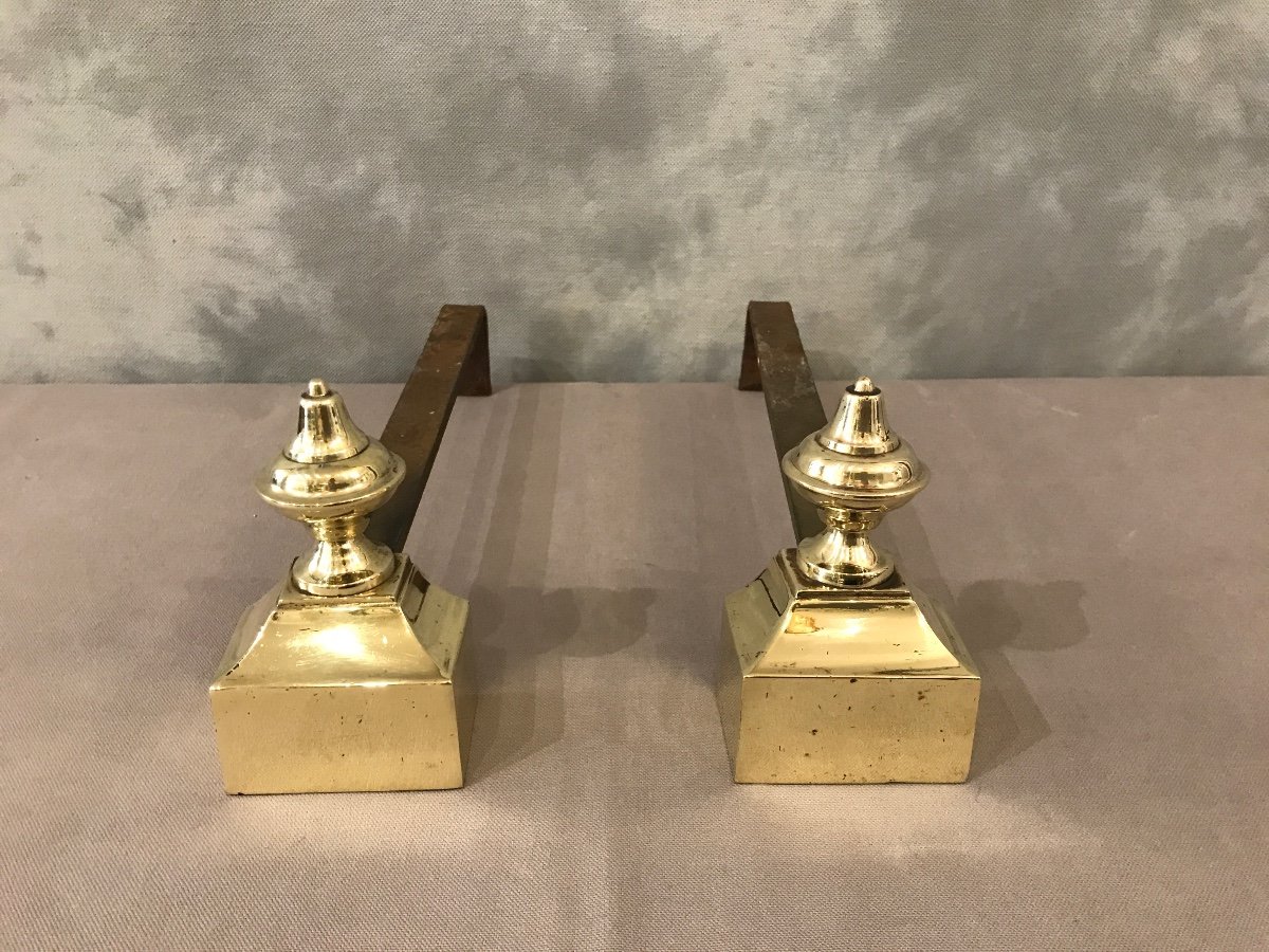 Small Antique Andirons In Polished Brass From The 19th Century -photo-3