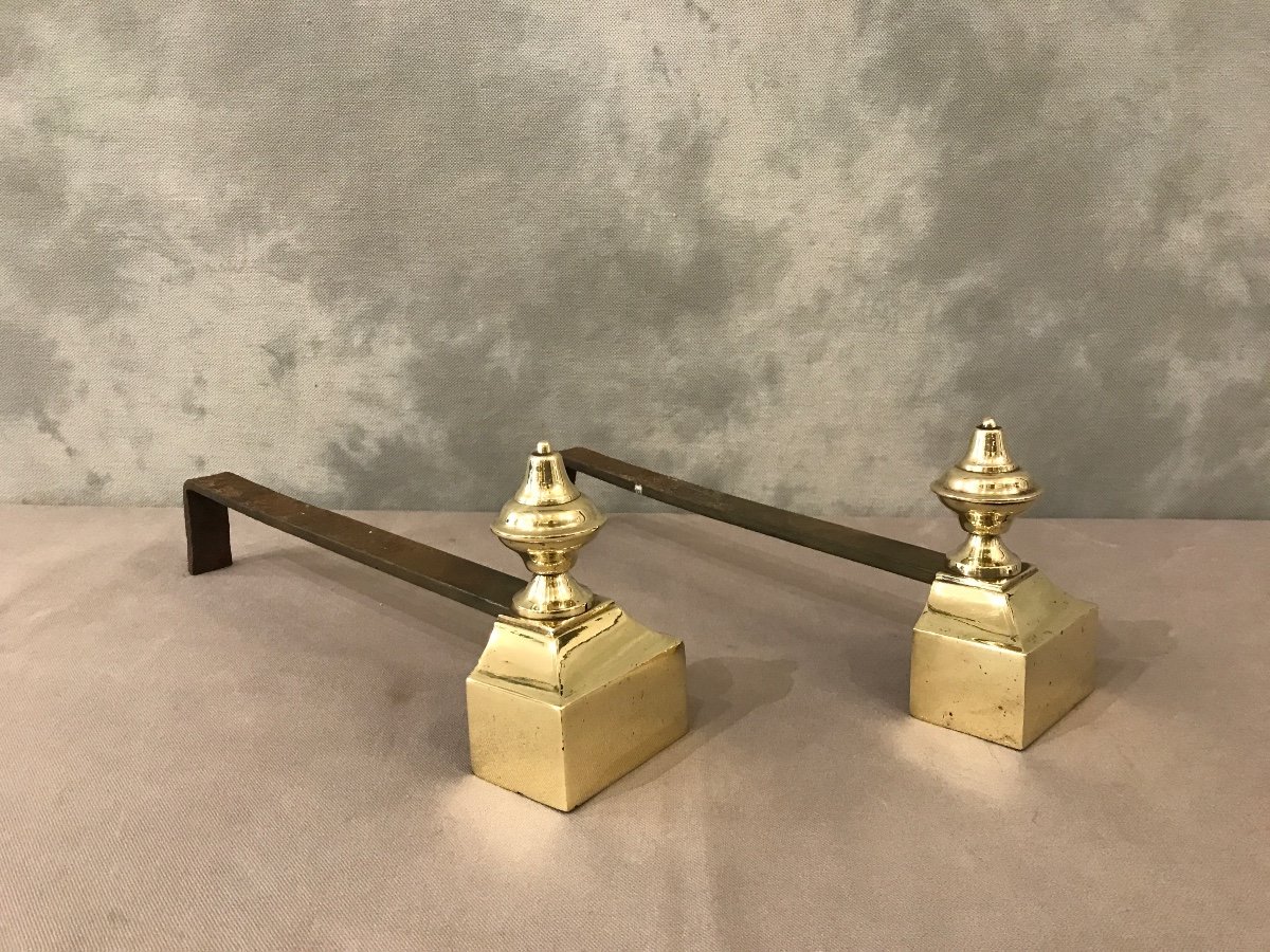 Small Antique Andirons In Polished Brass From The 19th Century -photo-4