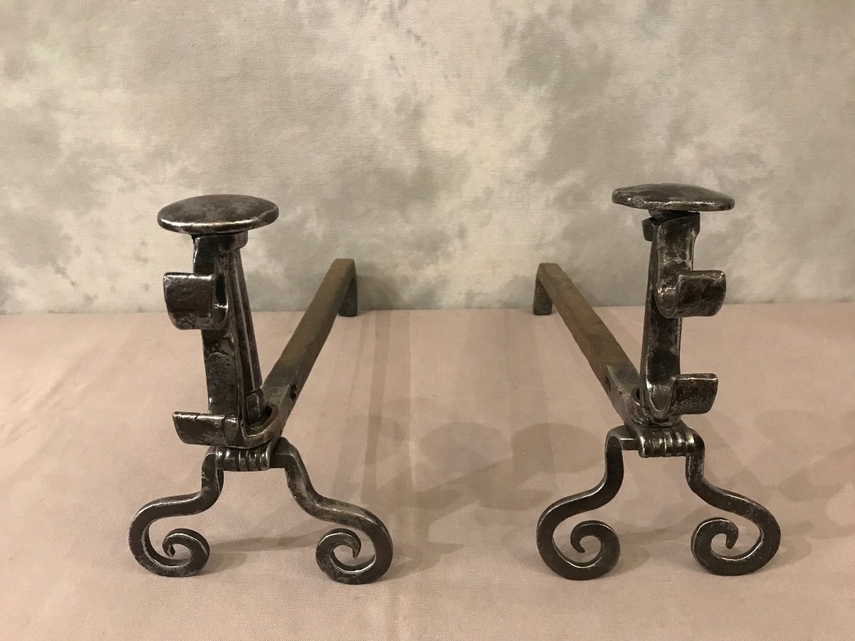 Pair Of Antique Wrought Iron Andirons From The 18th Century -photo-3