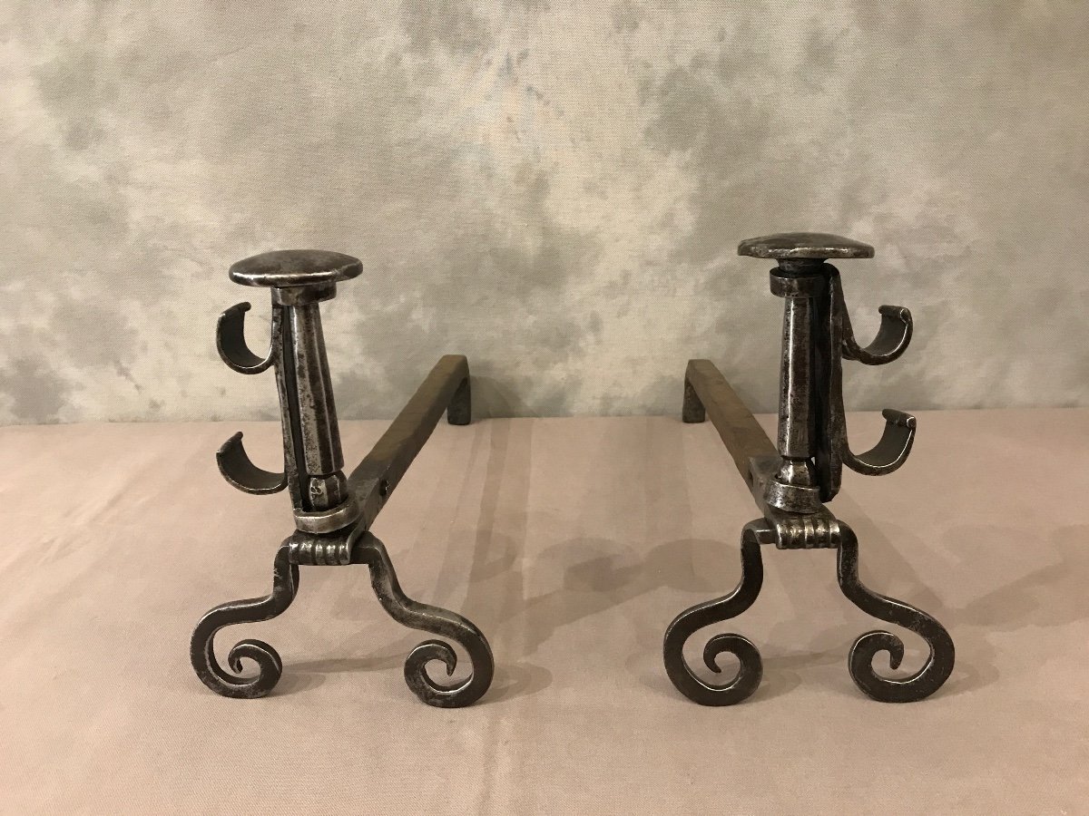 Pair Of Antique Wrought Iron Andirons From The 18th Century -photo-4