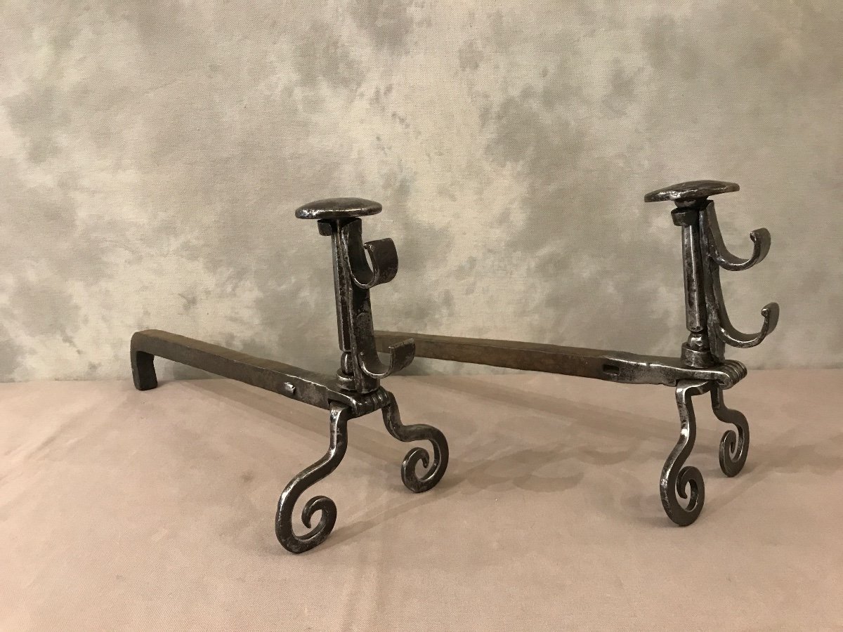 Pair Of Antique Wrought Iron Andirons From The 18th Century -photo-1