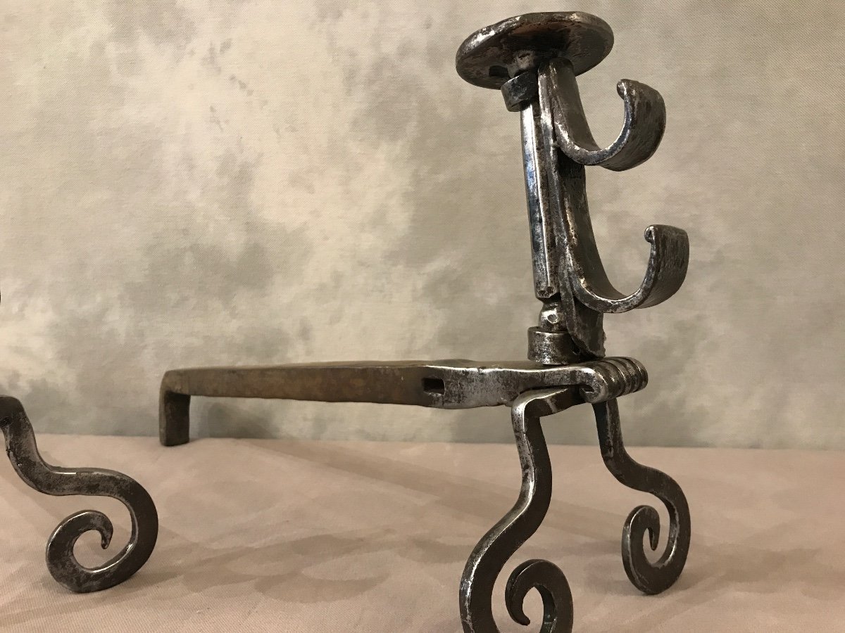 Pair Of Antique Wrought Iron Andirons From The 18th Century -photo-2