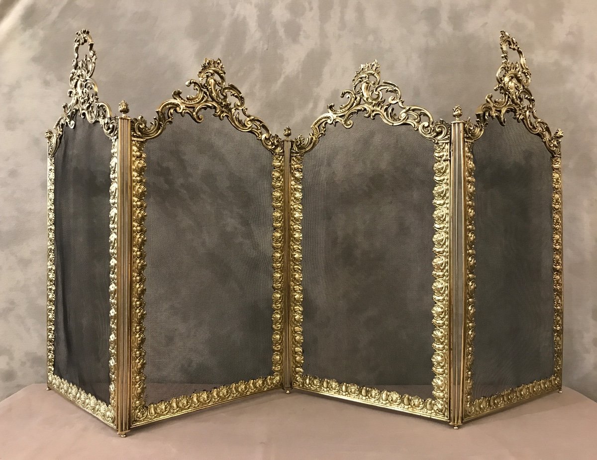 Beautiful Antique Fireplace Screen In Brass And Bronze From The 19th Century Napoleon III 