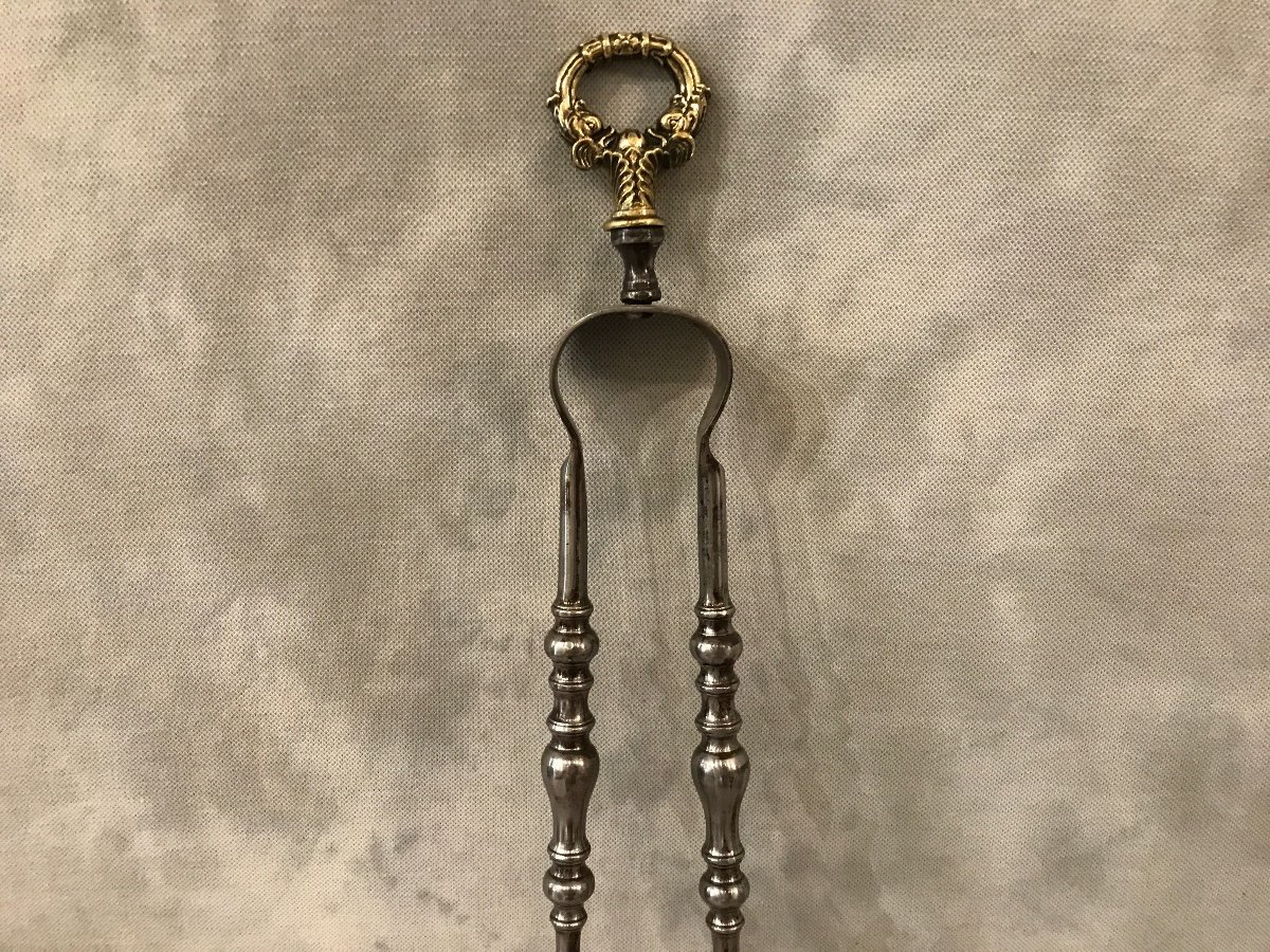 19th Century Polished Iron And Bronze Tongs -photo-4