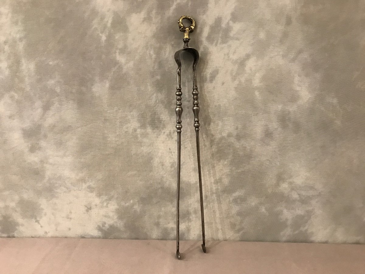 19th Century Polished Iron And Bronze Tongs 