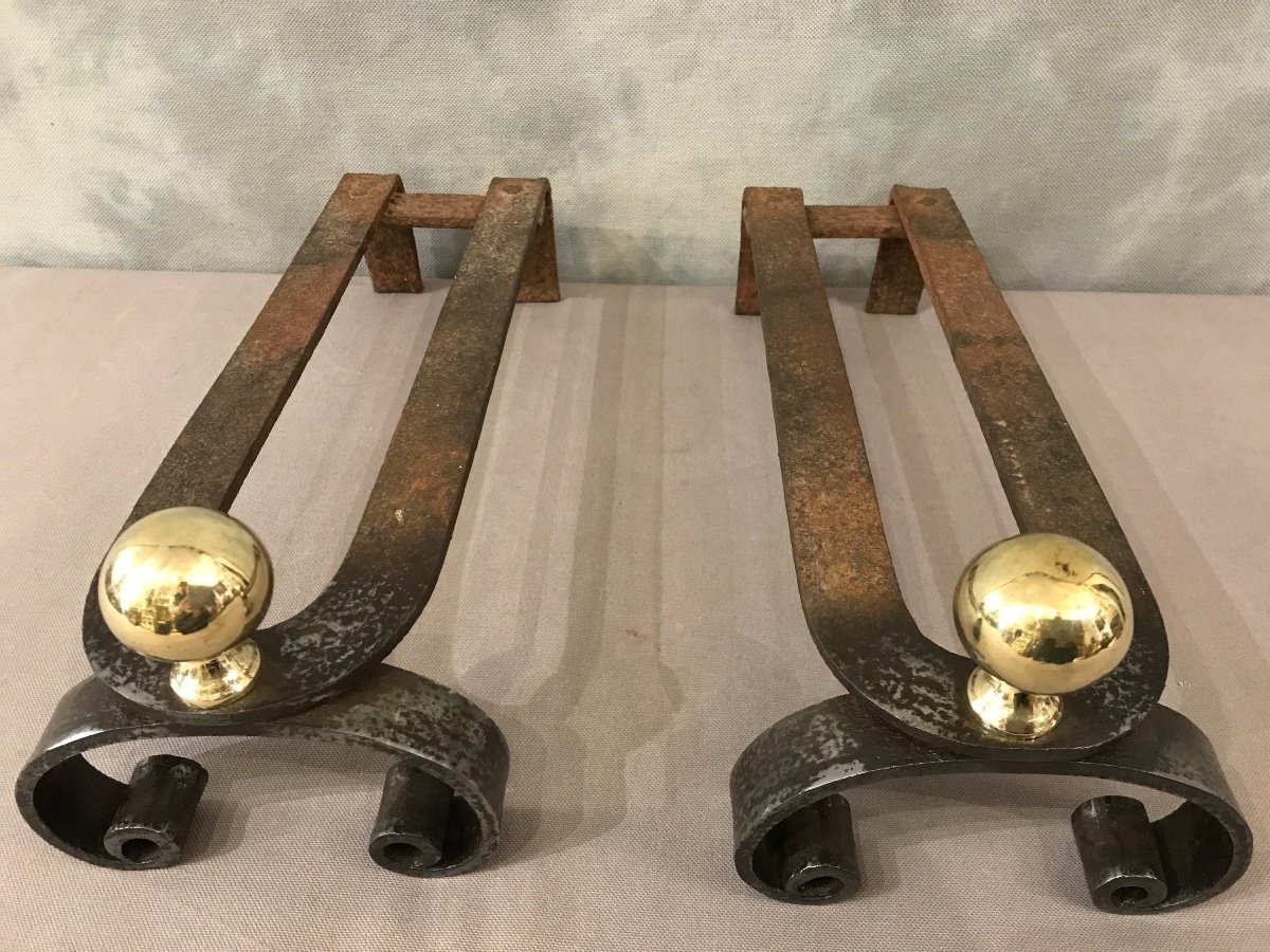 Pair Of Antique Iron And Brass Andirons From The 19th Century -photo-2