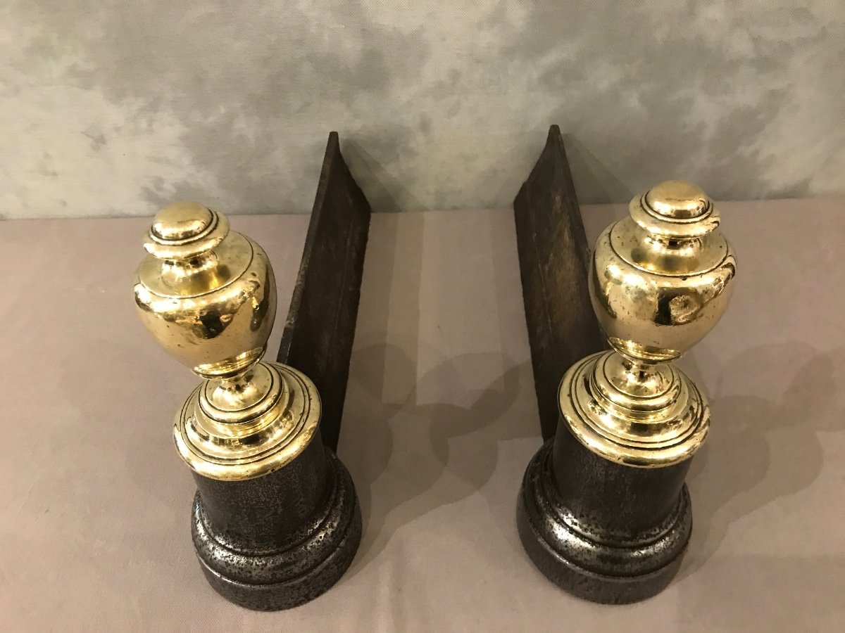 Pair Of Antique Cast Iron And Brass Andirons From The 19th Century -photo-3