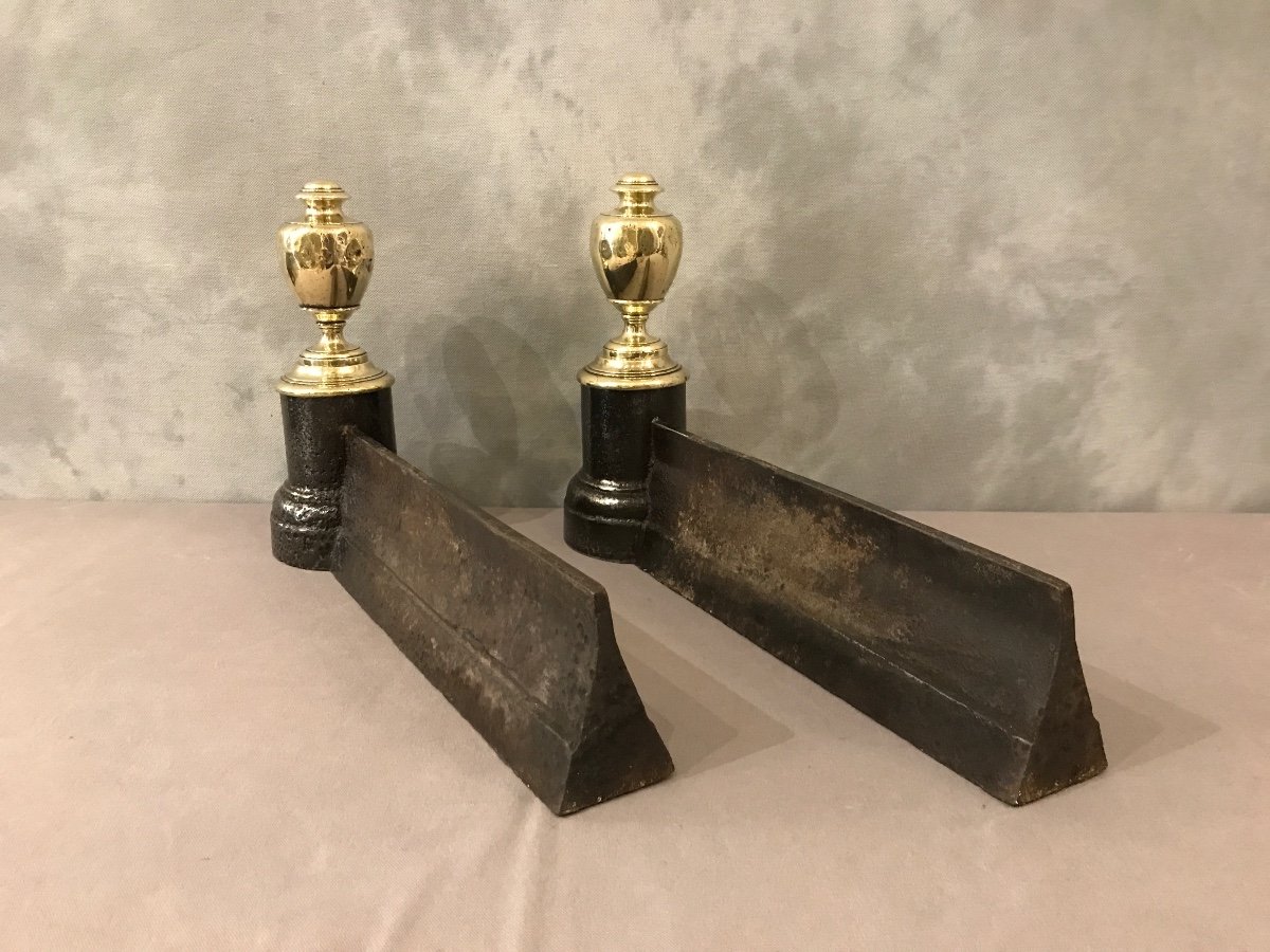 Pair Of Antique Cast Iron And Brass Andirons From The 19th Century -photo-2