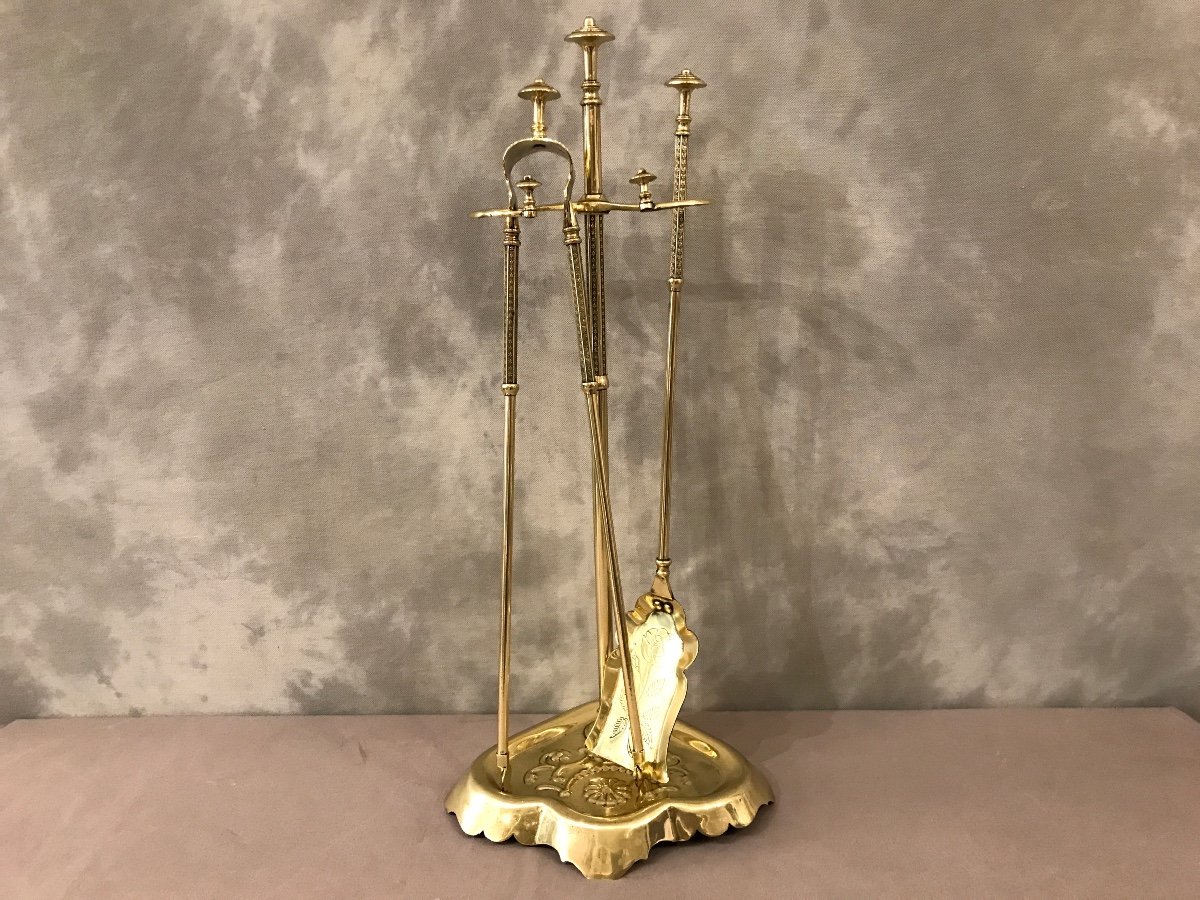 Antique Complete Fireplace Servant In Brass From The 19th Century 