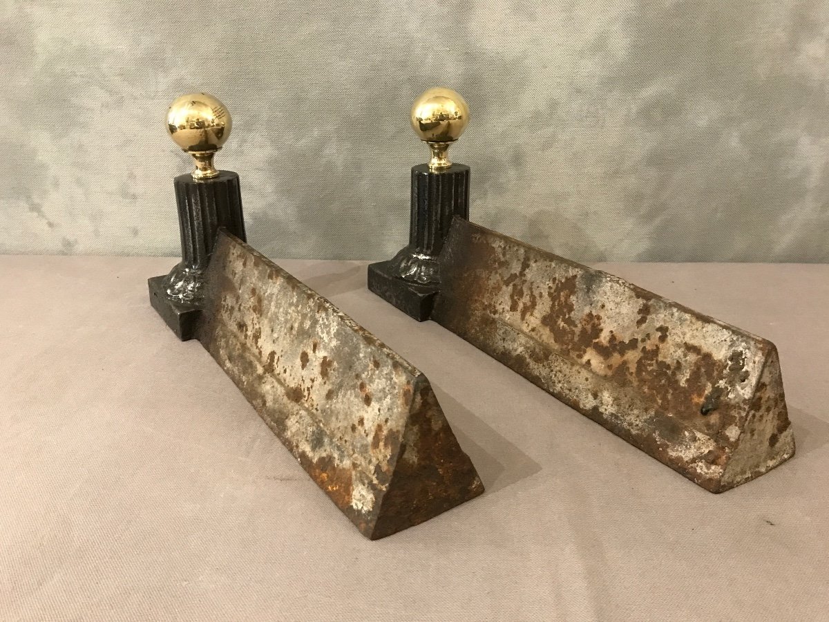 Pair Of Antique Cast Iron And Brass Andirons From The 19th Century -photo-4