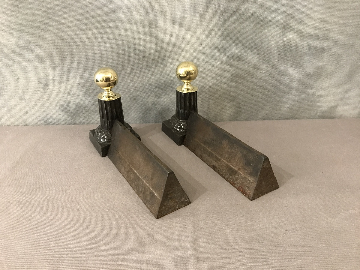 Pair Of Antique Cast Iron And Brass Andirons From The 19th Century -photo-4