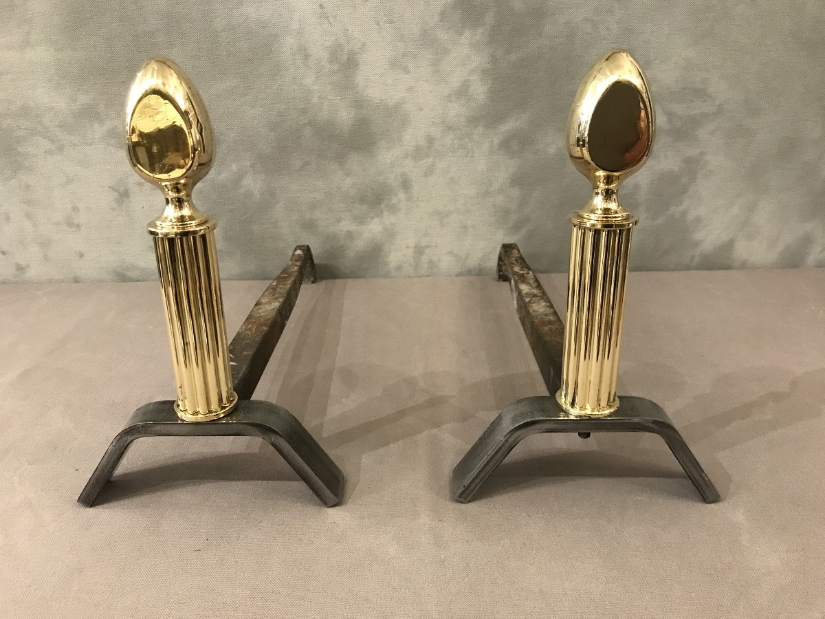 Pair Of Iron And Polished Brass Andirons Circa 1970 -photo-2