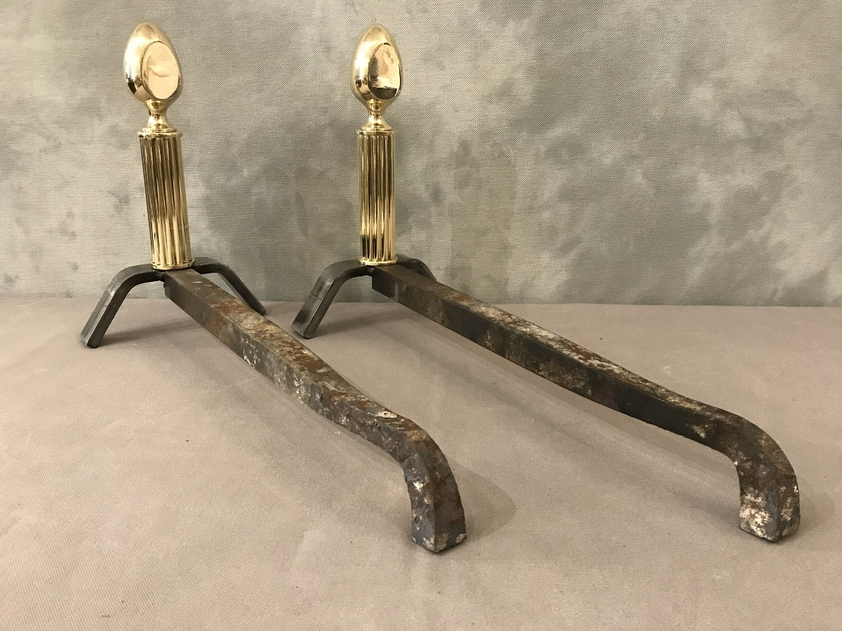 Pair Of Iron And Polished Brass Andirons Circa 1970 -photo-1