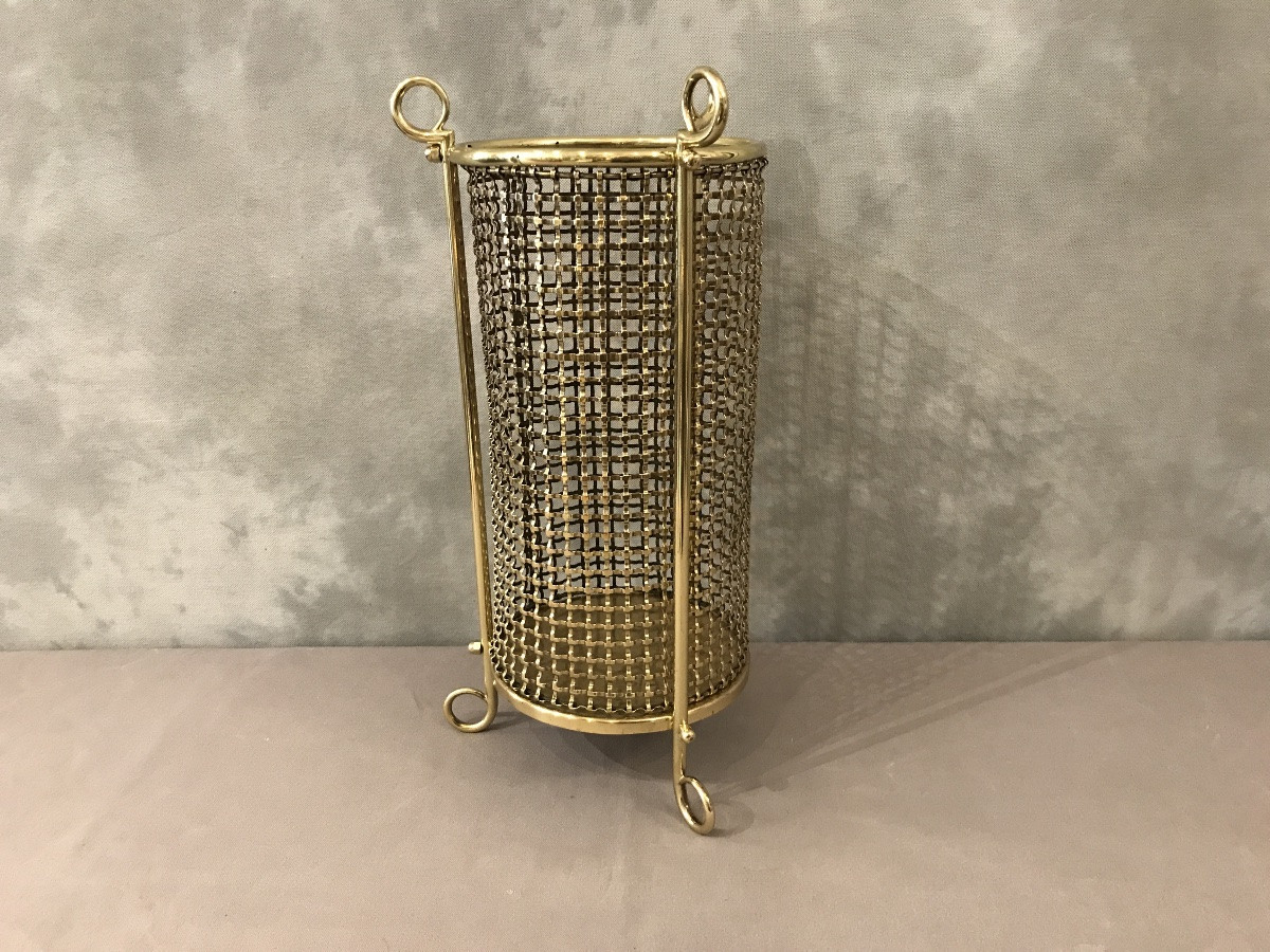 Brass Woven Wastepaper Basket, Wire Mesh, Circa 1940 -photo-2