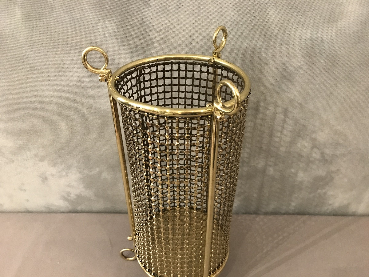 Brass Woven Wastepaper Basket, Wire Mesh, Circa 1940 -photo-3