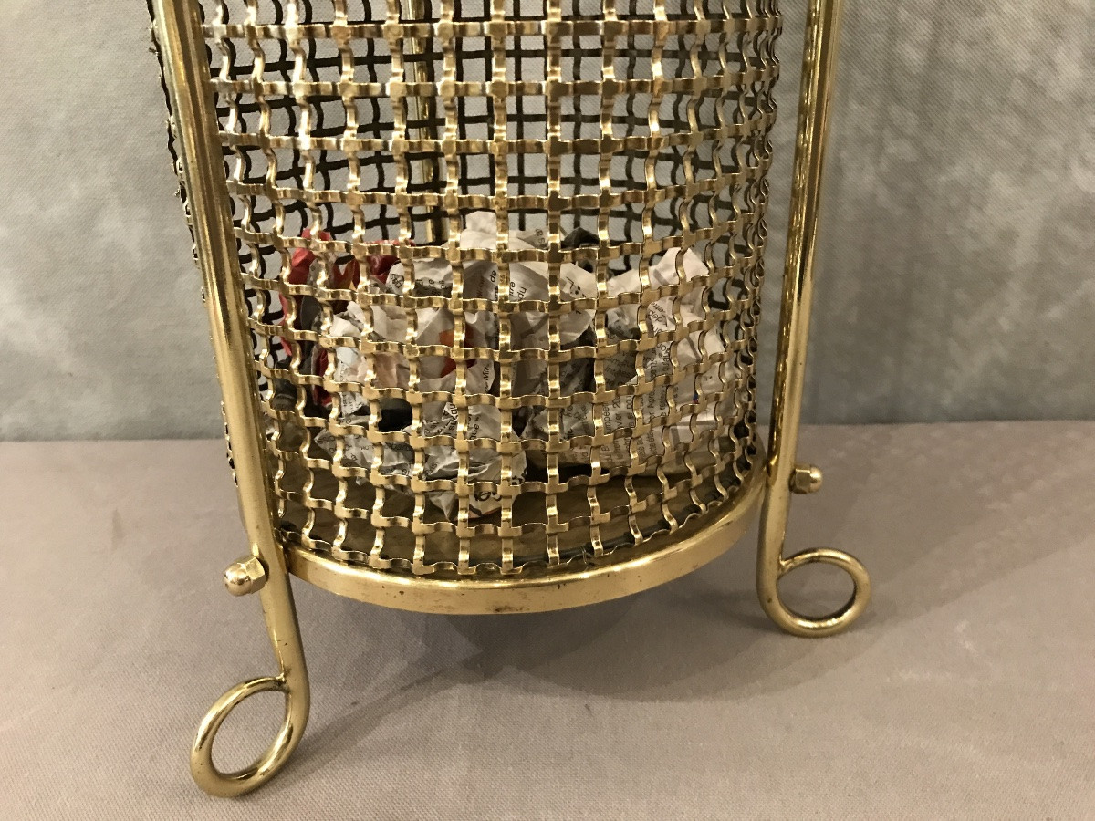 Brass Woven Wastepaper Basket, Wire Mesh, Circa 1940 -photo-3