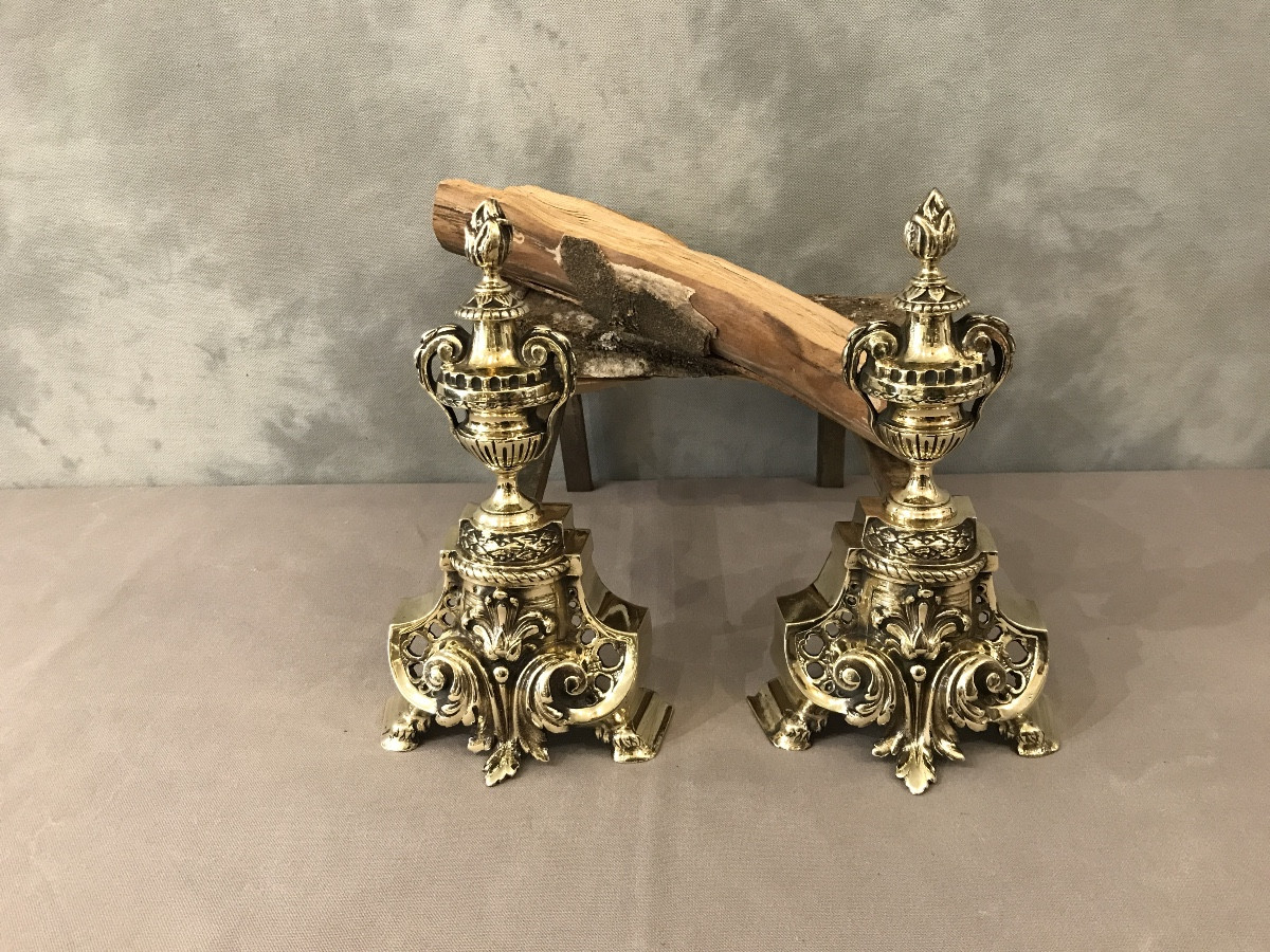 Pair Of Antique Bronze Firedogs From The 19th Century In The Transition Style 