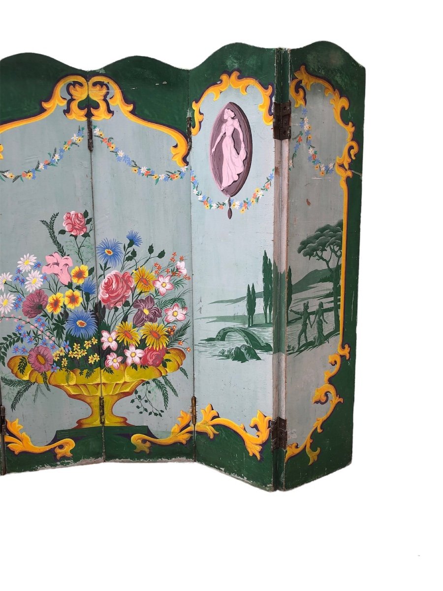 Pair Of Wooden Folding Screen Painted Late 19th-photo-3