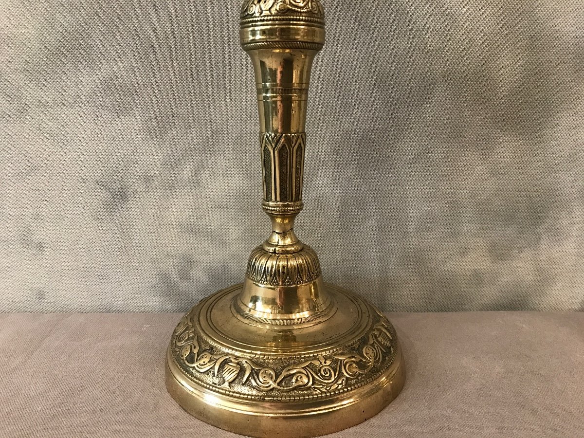 Pair Of Candlesticks Polished Brass And Varnish 19th-photo-3