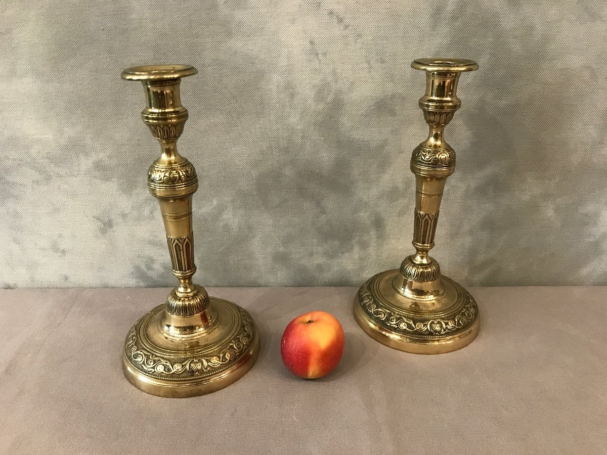 Pair Of Candlesticks Polished Brass And Varnish 19th-photo-5