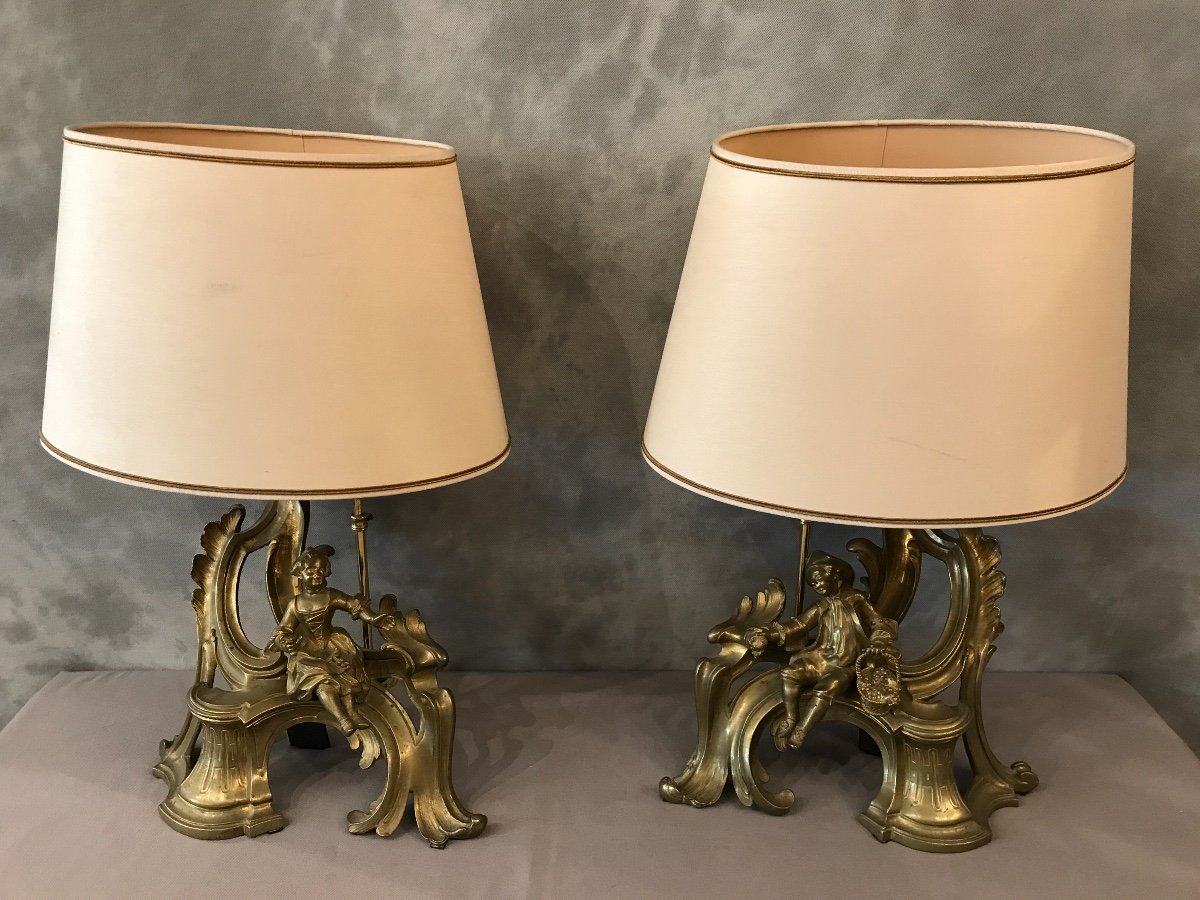 Pair Of Andirons Mounted Lamp 19th Time-photo-4