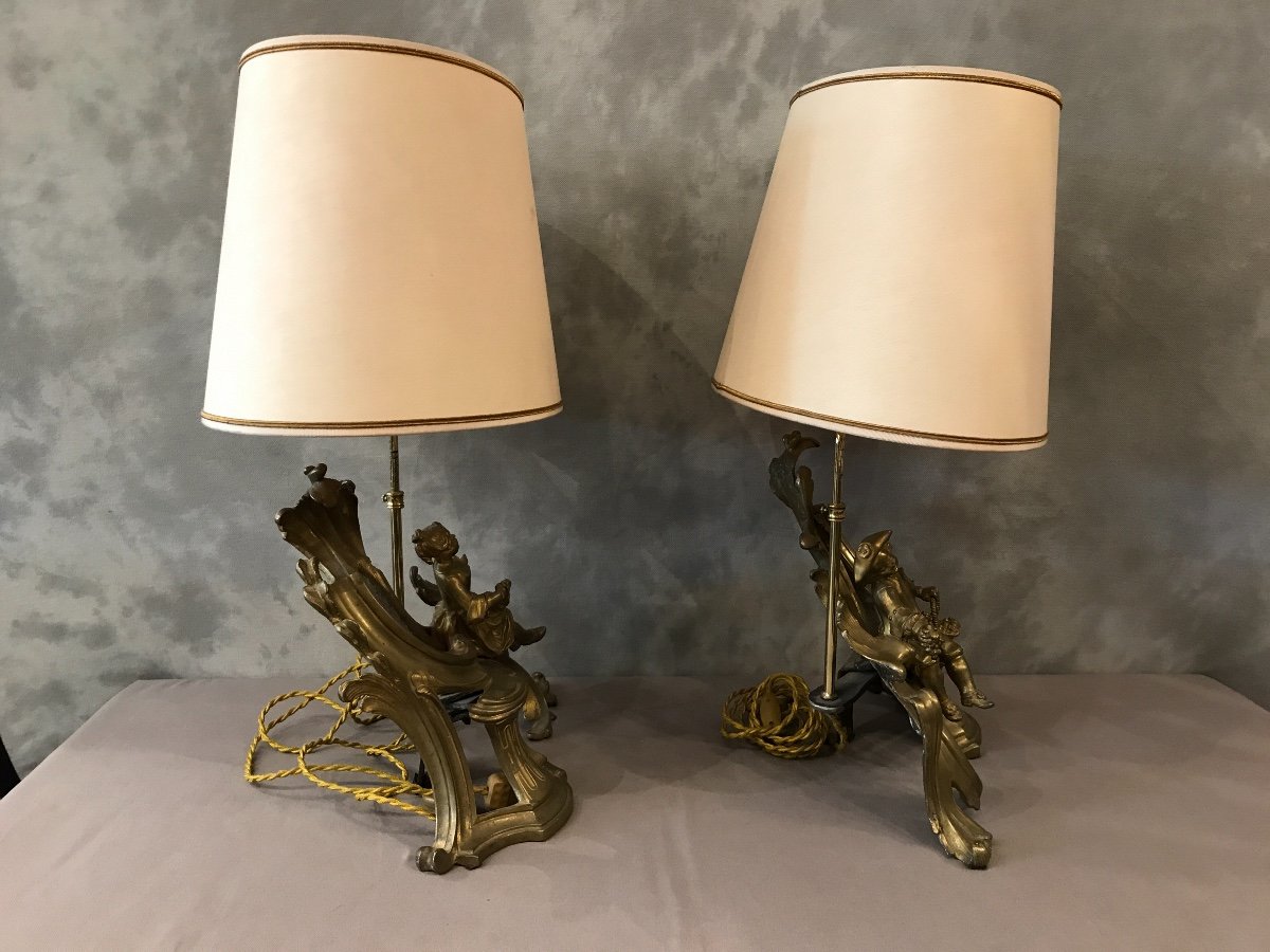 Pair Of Andirons Mounted Lamp 19th Time-photo-3