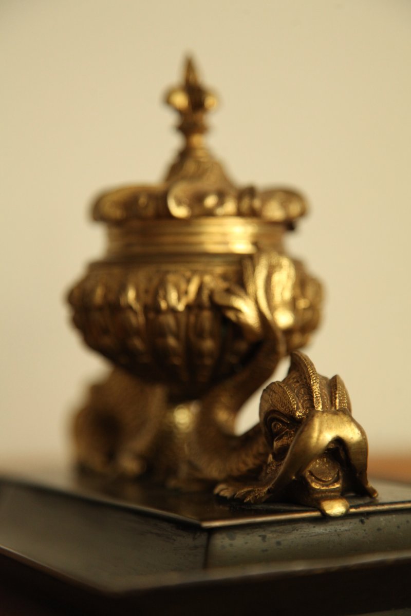 Inkwell In Gilt Bronze And Patina 19th Time-photo-2