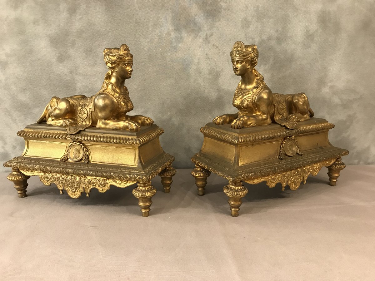 Andirons In Gilt Bronze With Sphinxes From The 19th Time
