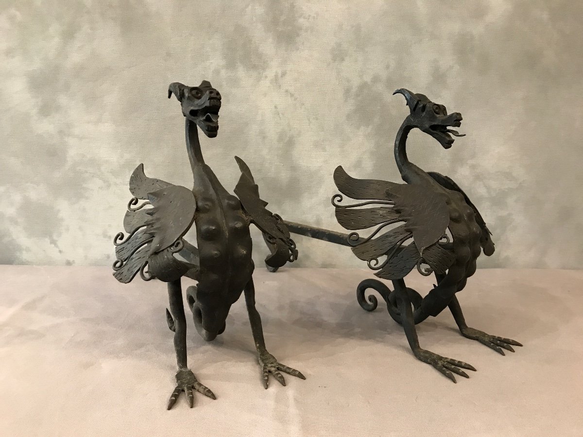 Pair Of Iron Andirons Around 1950 Model With Dragons-photo-3