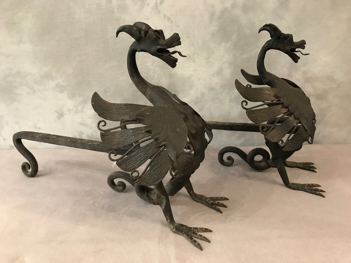 Pair Of Iron Andirons Around 1950 Model With Dragons-photo-4