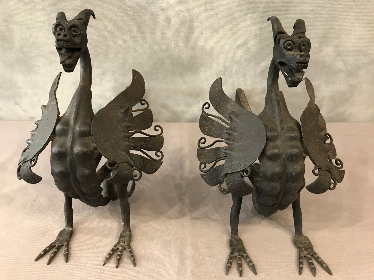 Pair Of Iron Andirons Around 1950 Model With Dragons-photo-2