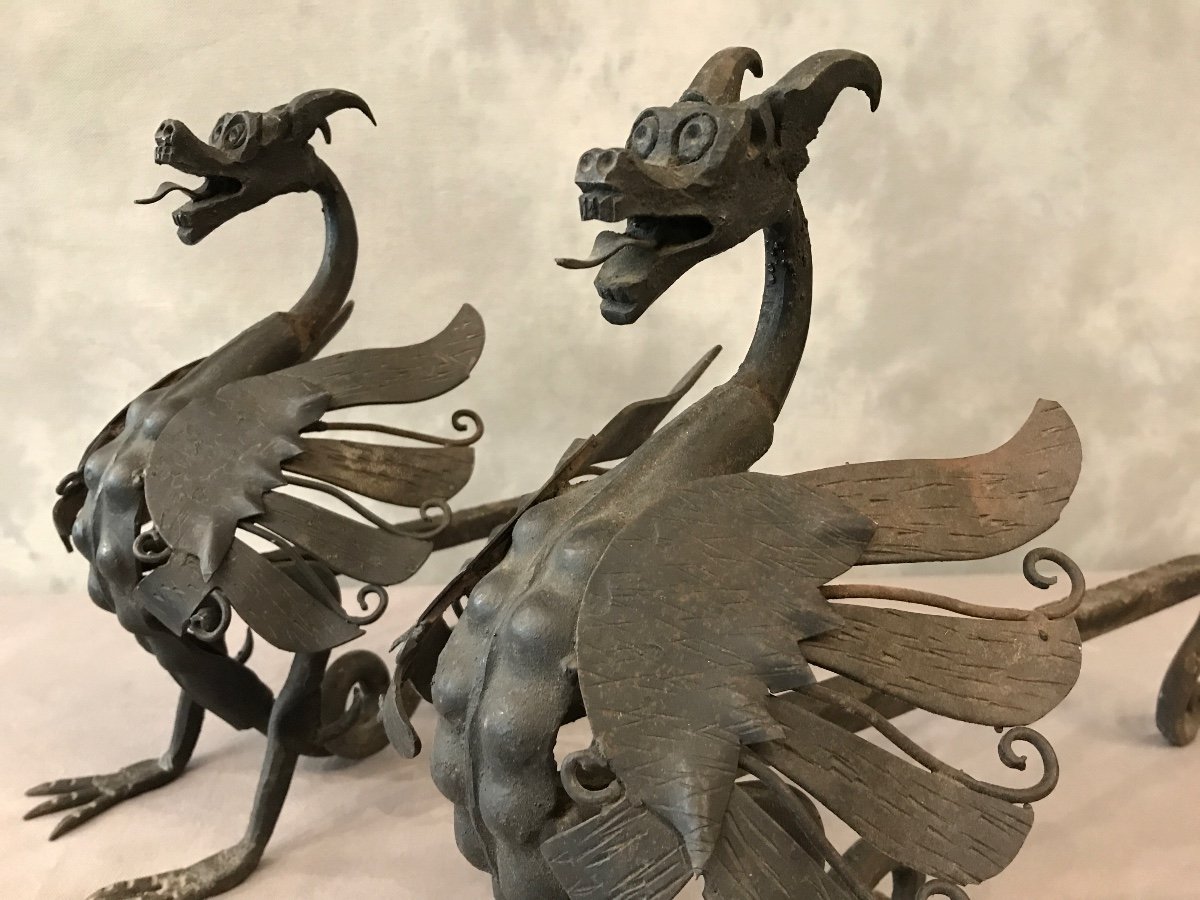 Pair Of Iron Andirons Around 1950 Model With Dragons-photo-4