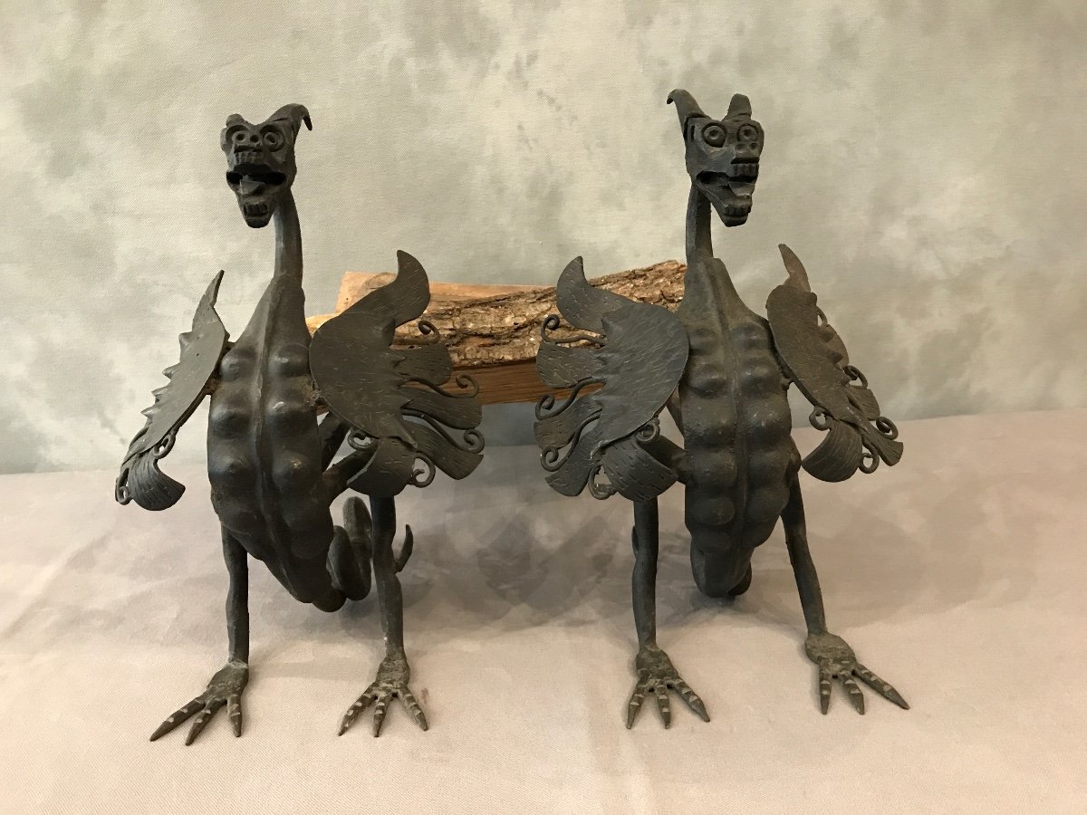 Pair Of Iron Andirons Around 1950 Model With Dragons