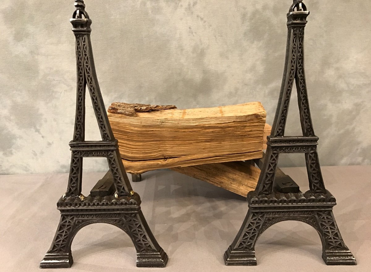 Old Cast Iron Andirons Representing The Eiffel Tower Around 1900-photo-1