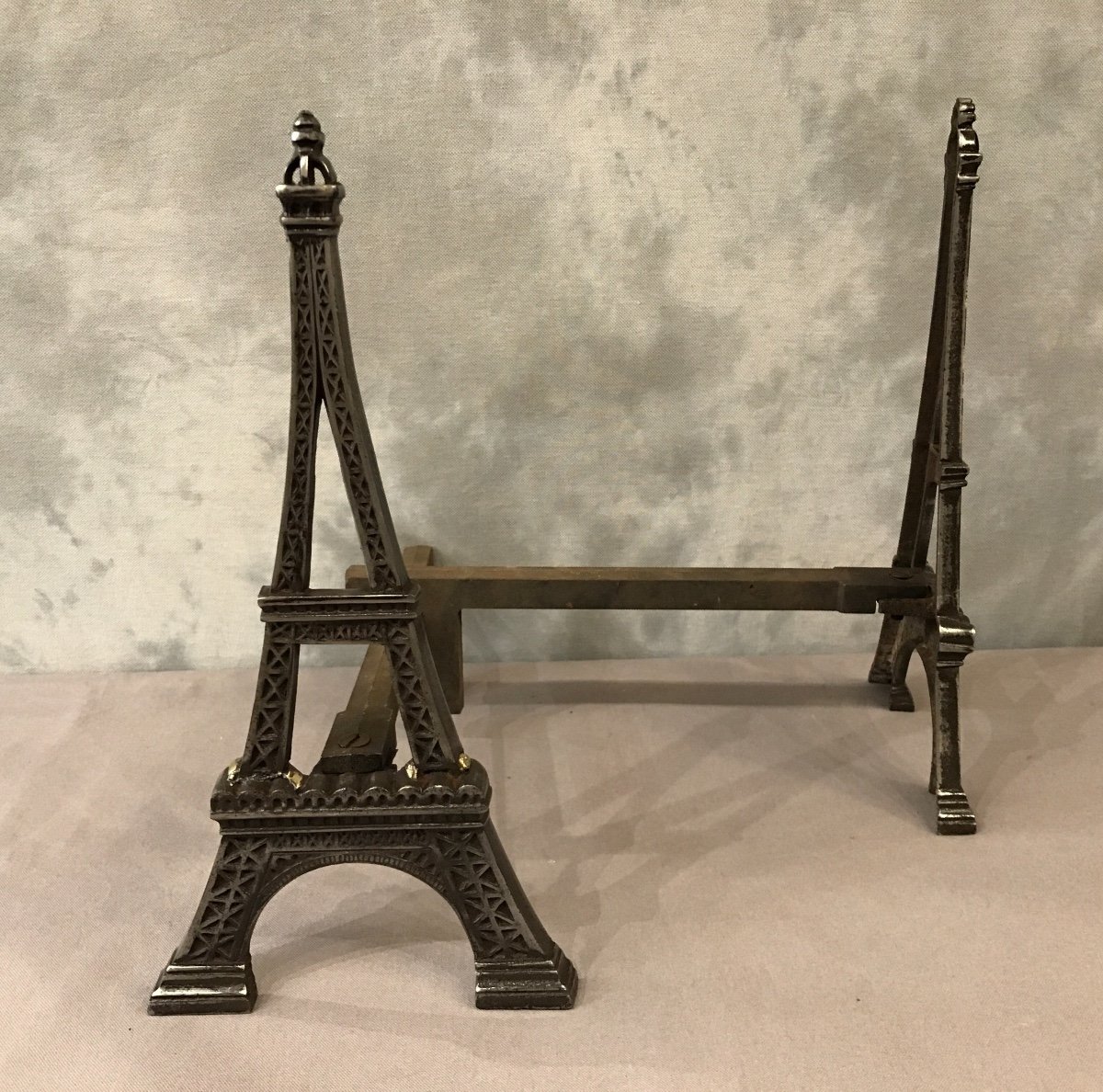 Old Cast Iron Andirons Representing The Eiffel Tower Around 1900-photo-2