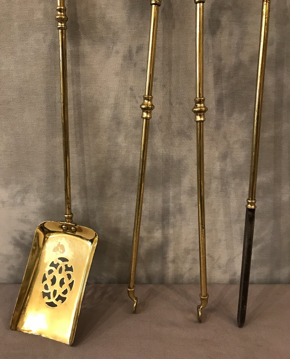 English Brass 3 Piece Fireplace Set Circa 1900-photo-4